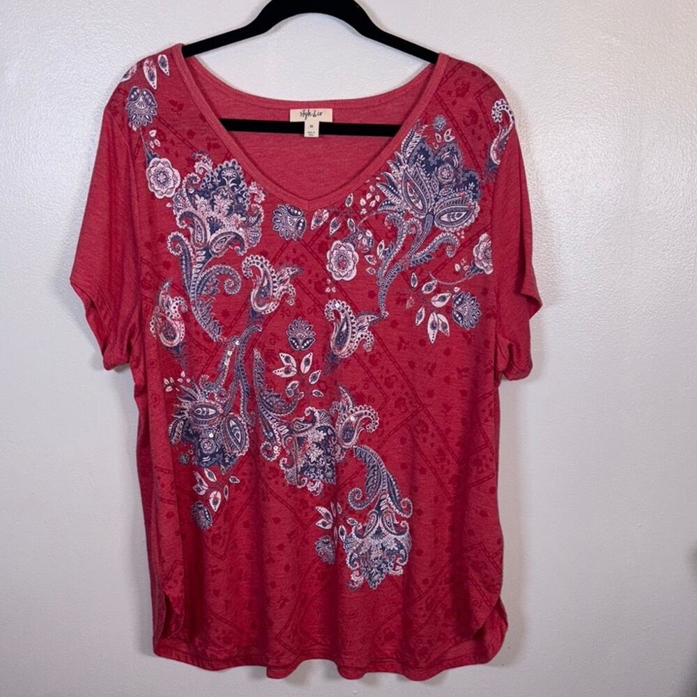 Style & Co. Red and Blue Paisley V-Neck Top Women’s 2X